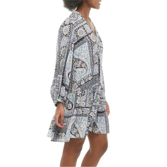 Emma & Michele Long Sleeve Paisley Dress - Black, Blue, Cream - Picture 2 of 9